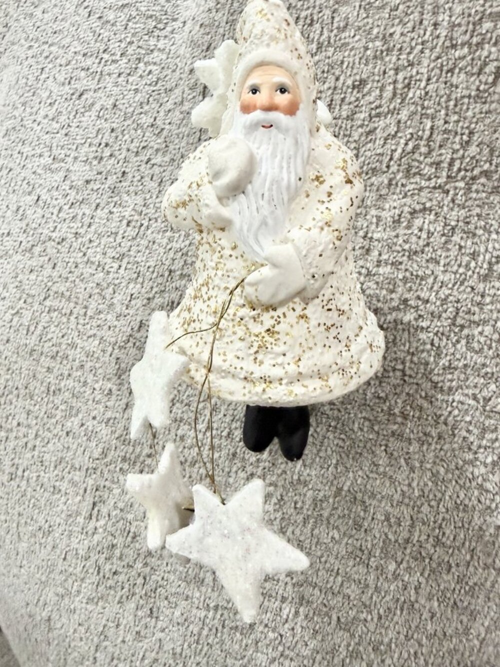 Santa Claus White Gold Glitter Stars Christmas Ornament 5in Celestial Whimsical